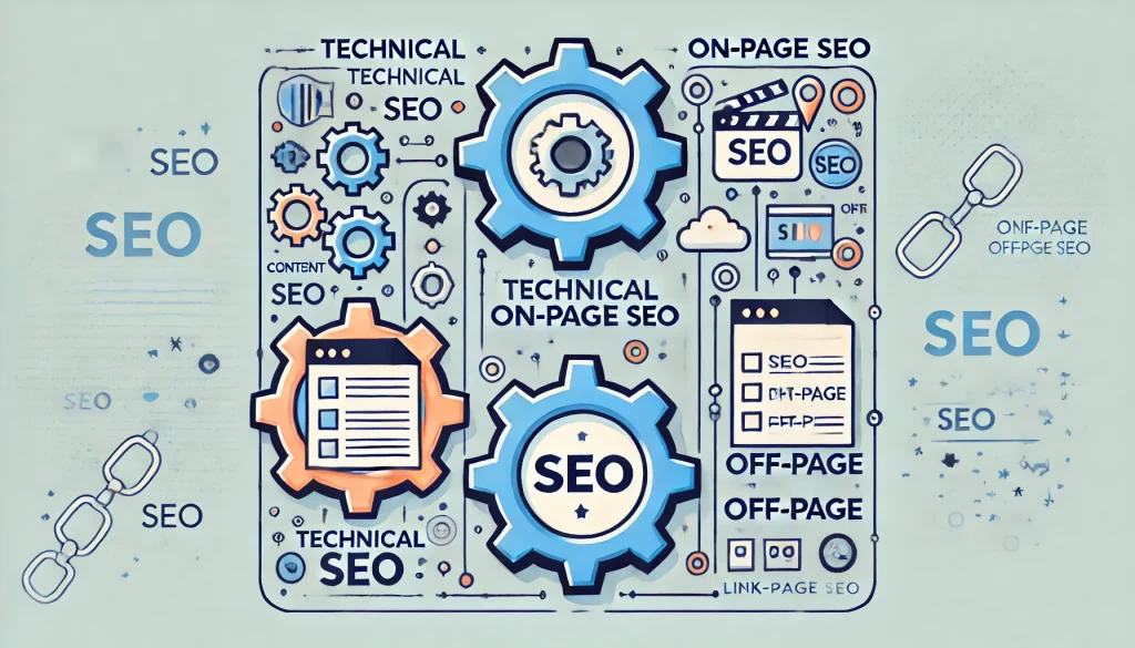 Horizontale Illustration der drei Säulen von SEO: Technische SEO, On-Page-SEO und Off-Page-SEO, dargestellt mit passenden Symbolen