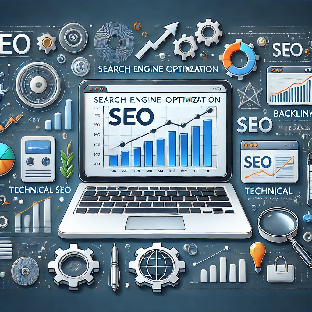 SEO-Illustration mit Laptop, Dashboard und Symbolen für Keywords, Backlinks, technische SEO und Content-Erstellung