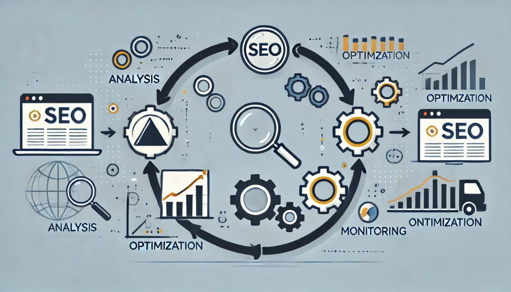 Horizontale Illustration eines kontinuierlichen SEO-Prozesses mit den Schritten Analyse, Optimierung und Monitoring