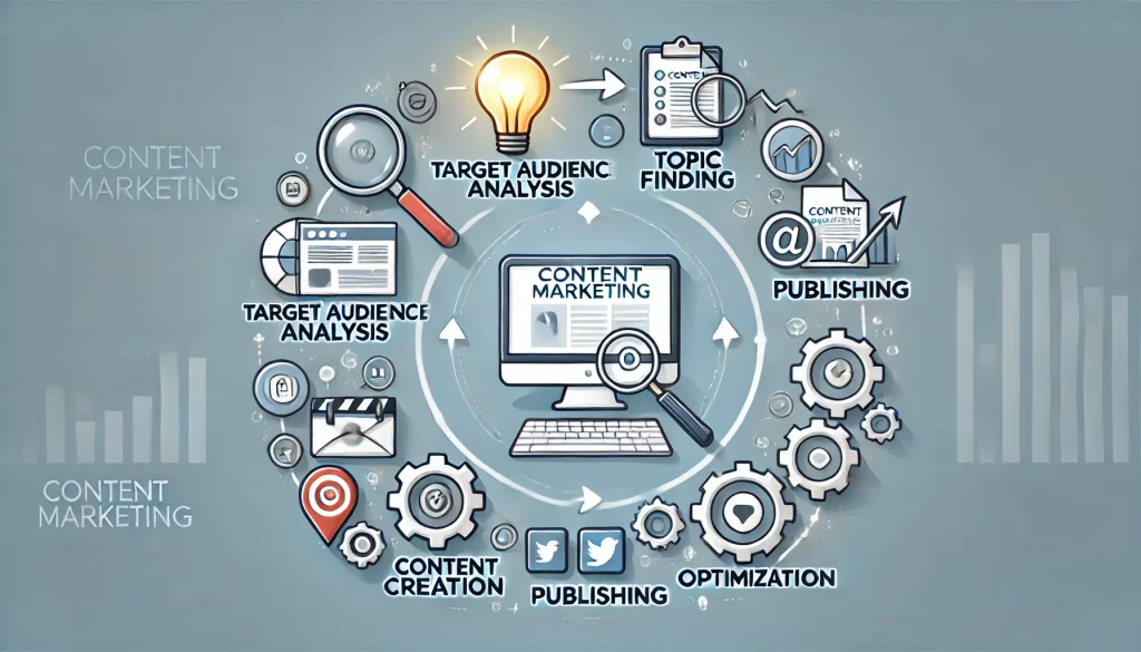 Illustration der Schritte einer Content-Marketing-Strategie mit Symbolen für Analyse, Themenfindung, Erstellung, Veröffentlichung und Optimierung